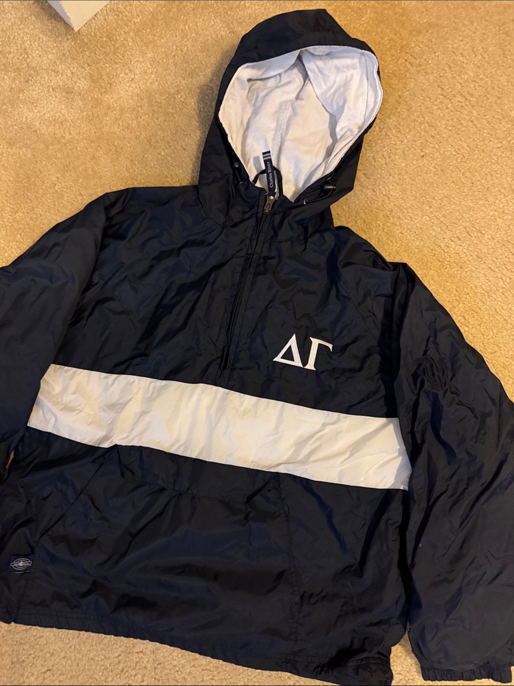 Charles River Apparel Navy and White Hooded Windbreaker with Delta Gamma Emblem